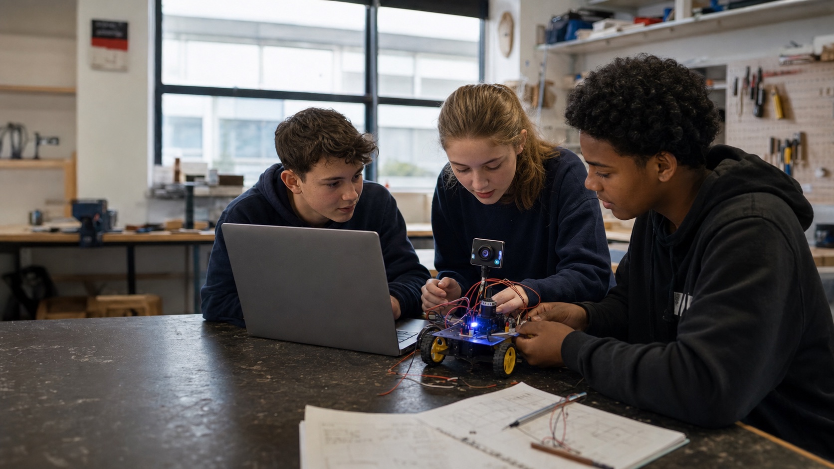 Students collaborating on a robotics prototype in a school makerspace